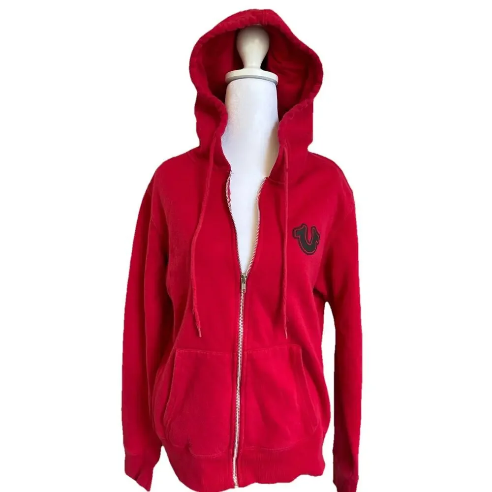 True Religion Zip Hoodie Buddha Logo Red Sweatshirt Retro Grunge Skater Core MED